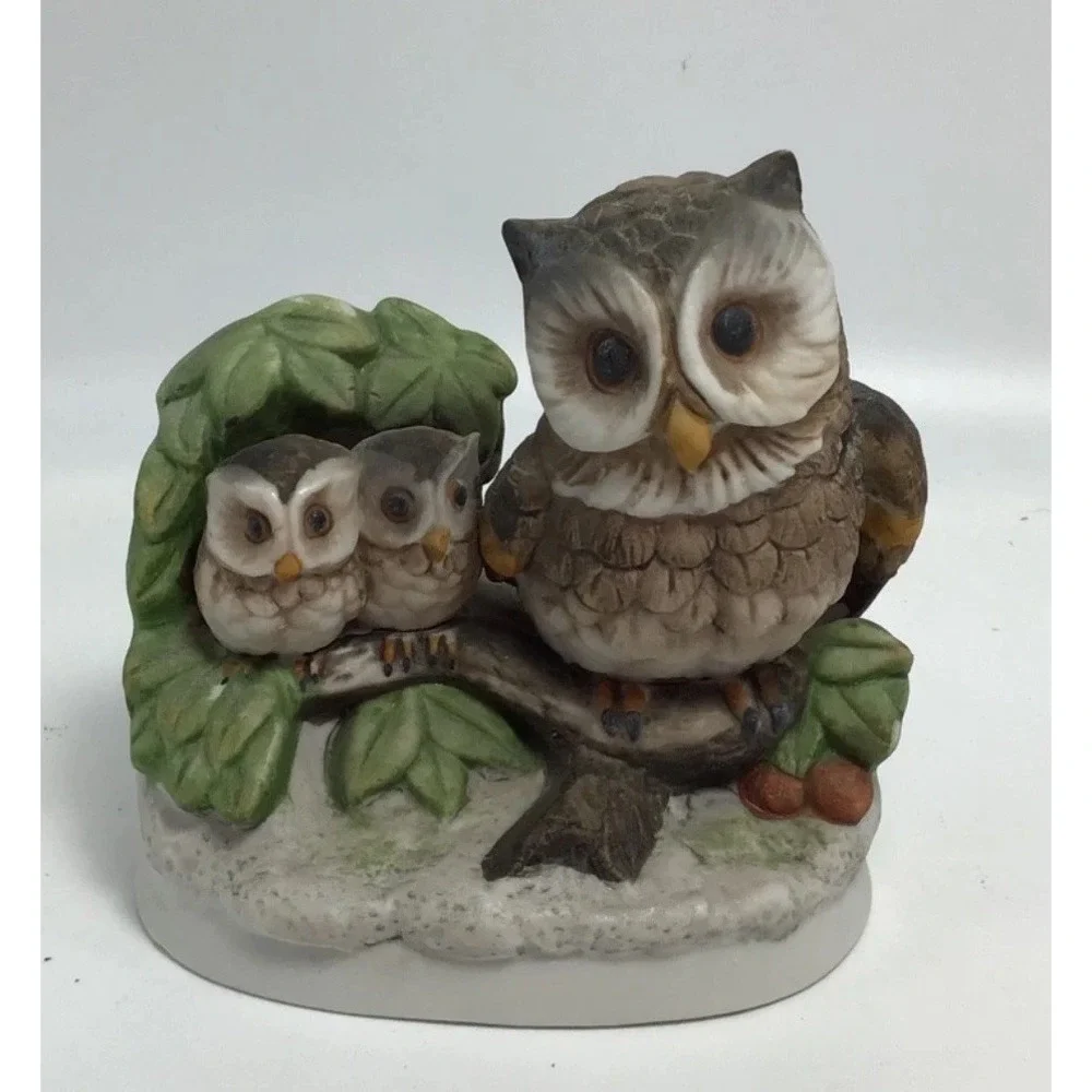 Homco Owl Family On Branch , Porcelain Figure Ceramic 4x4‎ Inches